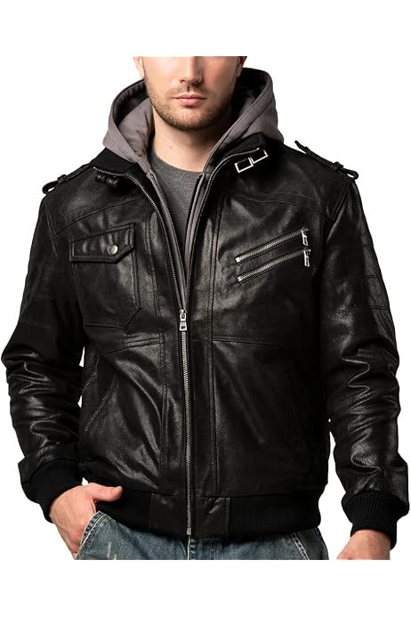 Leather Jacket with Removable Hood 