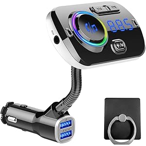 【技適認証済】FMトランスミッター Bluetooth 5.0 Siri&Google Assistantに対応 車載トランスミッター ハンズフリー通話 QC3.0急速充電2USBポート カーチャージャー 7色変換ledライト bluetooth/TFカード/U-ディスク/Aux-in音楽再生対応 高音質CVC6.0ノイズ軽減360°調整可能 12～24V車対応【日本語説明書付】