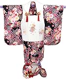 七五三 着物　三歳　着物セット 3歳用刺繍被布７点セット 黒地 雪輪に桜【被布/純白に手鞠と桜の刺繍】