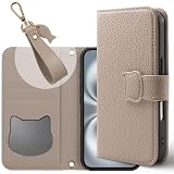 ZENIX DESIGN TECH iPhone16 用 手帳型 ベルト付き くすみカラー カード収納 3枚 フィンガーストラップ付き フリップケース 猫デザイン ネコ窓付き レザー風 ねこみみ スマホケース ZX-Necoflip (トープ, iphone_16)
