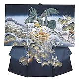 お宮参り着物 正絹 男の子のお祝い着(初着・産着) 日本製「紺地、鷹と清水寺」HBU806