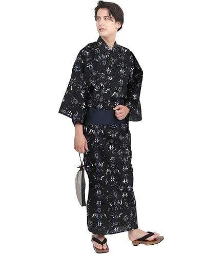Amazon.co.jp: 浴衣 綿麻 粋な夏着物 菊柄 黒 半幅帯 カラシ 2点
