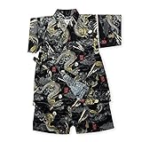 (ブラック/90cm)ベビー服 男の子 甚平 くろわっさんすべべ 龍神 ラメプリント タコ糸切替 日本製生地 サザンクロス 綿100％ 上下組セット 男児 ベビー