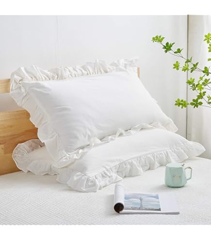 PHF 100% Washed Cotton Ruffle Pillowcases King Size, 2 Pack - Soft Decorative Pillow Shams