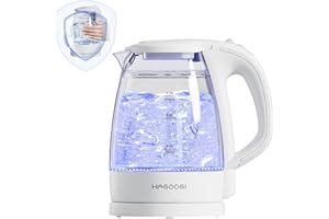 【無臭＆二重構造・火傷防止】ハゴオギ 電気ケトル ガラス 1L ケトル 電気 二重構造 火傷防止【2024年最新昇級版】 「本体青く光る」湯沸かし器 透明 おしゃれ 耐熱ガラス ポット 手軽な 湯沸かしポット 沸騰自動OFF/空焚き防止機能 PSE認
