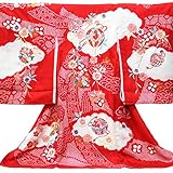 【お宮参り着物】【赤地系 毬と枝垂桜の柄】女の子 手絞り 桶絞り 刺繍 正絹【風呂敷プレゼント / ギフト対応】