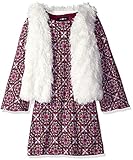 Amy Byer Big Girls' Long Sleeve Print Dress with Faux Fur Vest Pat EL/Plum Large [並行輸入品]