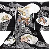 【紋入れ付き】【お宮参り着物】【手絞り熨斗柄に刺繍 鷹と松の柄】正絹 男の子 黒地【風呂敷プレゼント/ギフト対応】