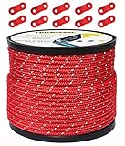 【Amazon限定ブランド】テントロープ ガイロープ 4mm 反射 パラコード タープロープ ガイライン 自在金具付き 50M/30M アルミ自在金具 ボビン巻 継ぎ目なしノーカット キャンプロープ 3ｍｍ 4mm 5mm タープ用ロープ (レッド（直径4ｍｍ）)