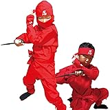 本格子供用忍者スーツセット・赤忍 LLサイズ/130-140 忍者 衣装 シワになりにくく、吸水性もあるポリエステル・綿の混紡