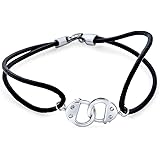 [Bling Jewelry] ミニマリストの繊細なBFFのカップルの犯罪のパートナーの作業ロック黒本革コードセクシーな手錠ブレスレットや薄いバングル女性のためのティーンCZアクセント.925スターリングシルバーの