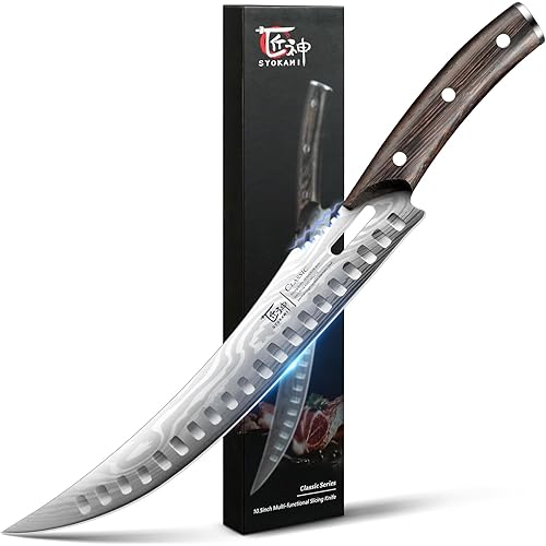 SYOKAMI Brisket Breaking Knife for Meat Cutting, 10.5 Inch Japanese Style Curved Carving Knife with Wooden Full Tang Handle, 