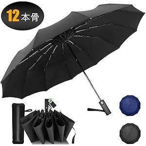 折りたたみ傘 頑丈な12本骨 自動開閉 おりたたみ傘 メンズ 大きい 風に強い 高強度 折れにくい 超撥水 晴雨兼用 折り畳み傘 四角形ハンドル 収納ポーチ付き (ブラック)