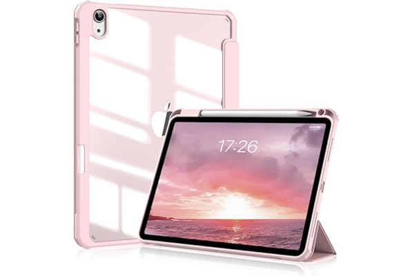 SQBEBS iPad 11世代 ケース A16 (2025) iPad 第11/10世代 10.9インチ (2022) 透明バックカバー ペンシルホルダー付き 三つ折りスタンド Touch IDとオートスリープ機能対応 軽量 薄型 傷つけ防止 PU合成レザー TPU ピンク