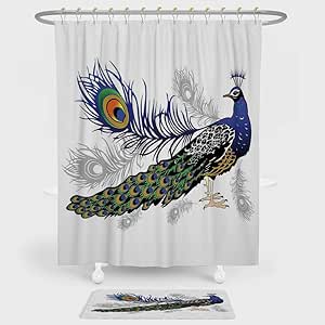 Amazon 孔雀 シャワーカーテン フロアマット コンビネーションセット クジャクの羽 イラスト シンプル芸術スタイル 野生の自然 プリント装飾 装飾用 グリーン ブルー Curtain 39 W 71 L Mat 16 W 24 L Shower Curtain シャワーカーテン ホーム キッチン