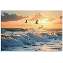 Amazon.co.jp: 絵画 夕日の波とカモメインテリア 絵画 美しい海