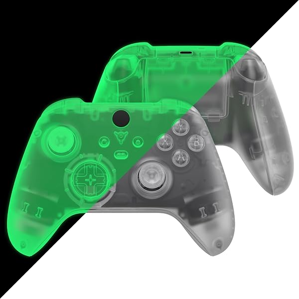 eXtremeRate xbox series X&Sコントローラー対応用フルセットシェルボタン、クリア素材のxbox core ワイヤレスコントローラー対応交換用サイドレールグリップフロントバックプレートカバー-コントローラーは含まれません「暗闇で光る-グリーン」 - 1