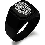 ステンレススチールDay of the Dead Sugar Skullシンボル刻印スクエアフラットトップバイカースタイル光沢リング