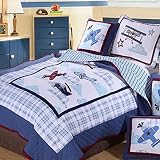 UFO Home 100% Cotton Quilt, 2pc Bedding Set, Applique Embroidery Little Airplane, For Kids or Single