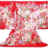 【お宮参り着物】【赤地系 鈴に花の柄 】女の子 友禅 刺繍 正絹【風呂敷プレゼント / ギフト対応】