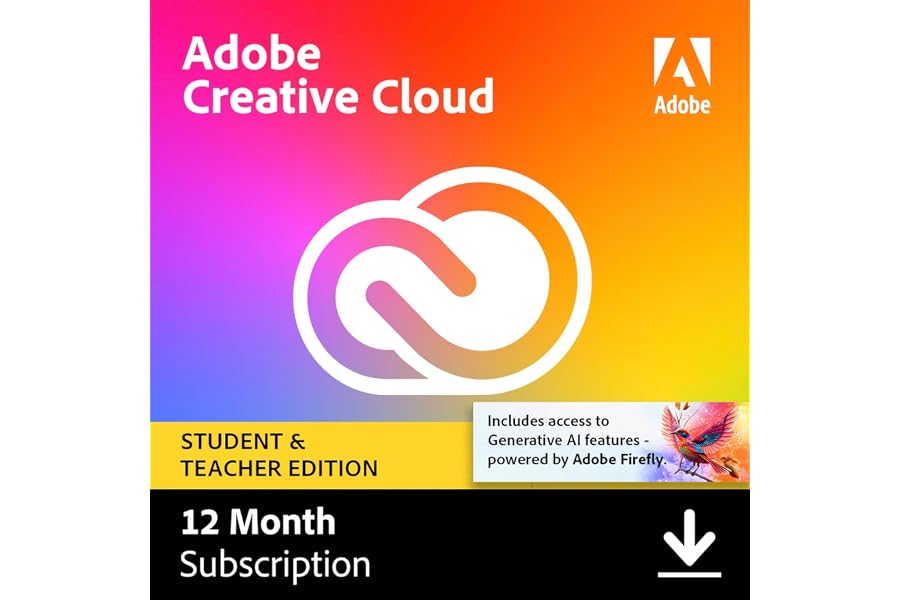 Adobe Creative Cloud All Apps Student & Teacher - 20+ Desktop & Mobile Apps - Gen AI Features - 1 User - Validation Required