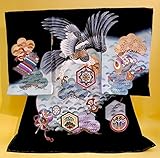 【正絹】 お宮参り着物　（初着・産着）　男児　M1-18　鷹に松・打出の小槌 黒地 新品仕立上り　★もれなく５大特典付！