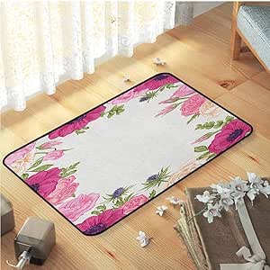 Amazon 屋内マット ファッションナチュラルスタイルフロアマットラグ高級カーペット家庭用 アネモネフラワーピンクローズとアネモネ フラワーフレーム活気のあるブライダルウェディングデザインピンクグリーンアプリコット 75x45cm 玄関マット オンライン通販