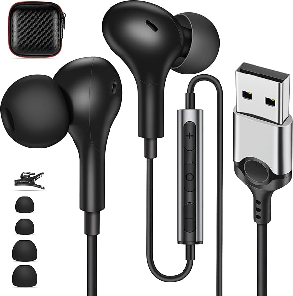 MACLE USB イヤホン マイク付き 有線 パソコン用 イヤフォン ヘッドセット カタル型 通話可能 HIFI音質 磁気設計 2.3M長 テレワーク ZOOM WEB会議 オンライン ゲーミング ヘッドフォン usb接続 対応PCデスクトップ/コンピュータ/windows/Mac/Surface Proなどと互換性あり ヘッドホン 音量調整 軽量 収納ケース付き 黒色 - 1