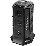 タワー式電源タップBEVA 3層縦コンセント 12AC充電口（100-125V）＋5USBポート（4.2A/5V）雷ガード 過負荷保護 省エネ 延長コード2m オフィス/家庭給電用 ポリカーボネート
