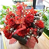 [エルフルール]店長おまかせ赤を基調としたかすみ草ドーム型アレンジメント(縦約28cm×横約25cm×奥行約23.5cm) 花束 フラワーアレンジメント 花束 誕生日 還暦 お祝い プレゼント ギフト