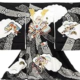 【紋入れ付き】【お宮参り着物】【手絞り熨斗柄に刺繍 兜と打ち出の小槌の柄】正絹 男の子 黒地【風呂敷プレゼント/ギフト対応】