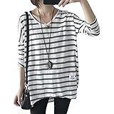 [ShuMing] カットソー レディース ゆったり 韓国 プルオーバー Vネック ボーダー柄 ファッション ロンｔカジュアル おしゃれ Ｔシャツ 長袖 春 秋