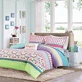 Girls Teen Kids Modern Comforter Bedding Set Pink Purple Aqua Blue Polka Dots Stripes Geometric Desi