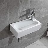 【混合水栓&高級排水金具付き ミニ型】UrchoiceLtd おしゃれ 洗面ボール 壁排水 洗面ボウル一式セット 壁掛け手洗い器 洗面ボウル 壁掛け 洗面台 小型 洗面鉢 手洗い器 高級壁排水セット 手洗いボウル 手洗台 壁付け型 浴室洗面台 手洗いボウルセット 手洗い 陶器 トイレ 手洗器 壁排水トラップ付き シンプル 和風 洋風 室内 室外-玉子右側セット（410*200*100mm）