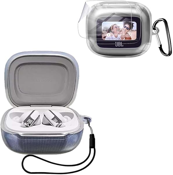 For JBL LIVE BUDS 3 / JBL LIVE BEAM3 用 ケース カバー【KONXISA】ワイヤレスイヤホン ケース シリコン素材 着用しやすい 耐衝撃性 防水防塵 ウォッシャブル(カラビナ付き+ストラップ付き ) 装着充電可能 持ち運びがしやすい(クリア) - 1