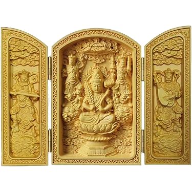 ♥骨董品　木彫り　仏像　木箱付き　仏様　仏具　仏壇　彫刻 木彫り仏像 【大日如来】 飛天光背八角台 白檀 坐2.5寸 「真言宗