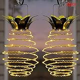 RaiFu ソーラーライト 2点セット パイナップル ライト 防水 伸縮式 銅線ワイヤーライト 玄関前/道/芝生/庭/公園/防犯照明用 雰囲気作り 屋外用