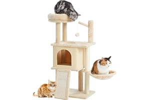 Tenntowu キャットタワー ミニ 猫タワー スリム 据え置き ハンモック 猫ハウス 猫 爪とぎ 子猫 シニア 天然麻紐 省スペース 人気 高さ93cm ベージュ