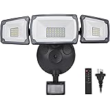 Security Light Outdoor, 4200LM 75LED Plug in Motion Sensor Lights, 42W 3-Head Angel Adjustable Flood Light with Remote Contro