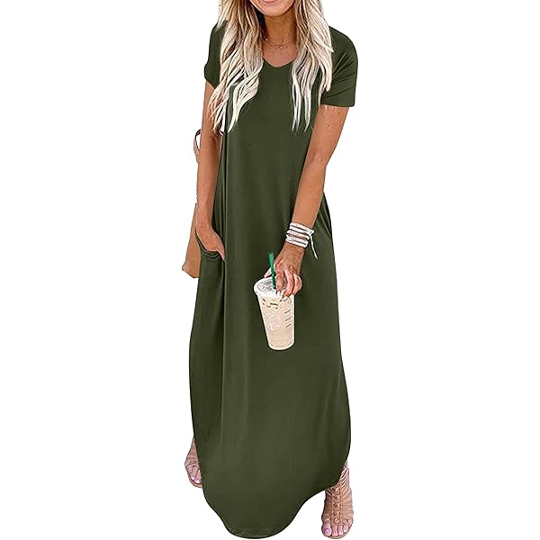 GRECERELLE Women's Casual Loose Pocket Long Dress Short Sleeve Split Maxi  Dresses, 02 Army Green, X-Small : Amazon.sg: Fashion