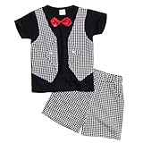 (アイム)iiniim　ボーイズ　ベビー服　チェックシャツ　紳士　蝶ネクタイ　チェック柄　Tシャツ+ショーツ　フォーマル　子供服　正式　パーティー　結婚式　２点セット ブラック タグ：XL 推薦年齢：