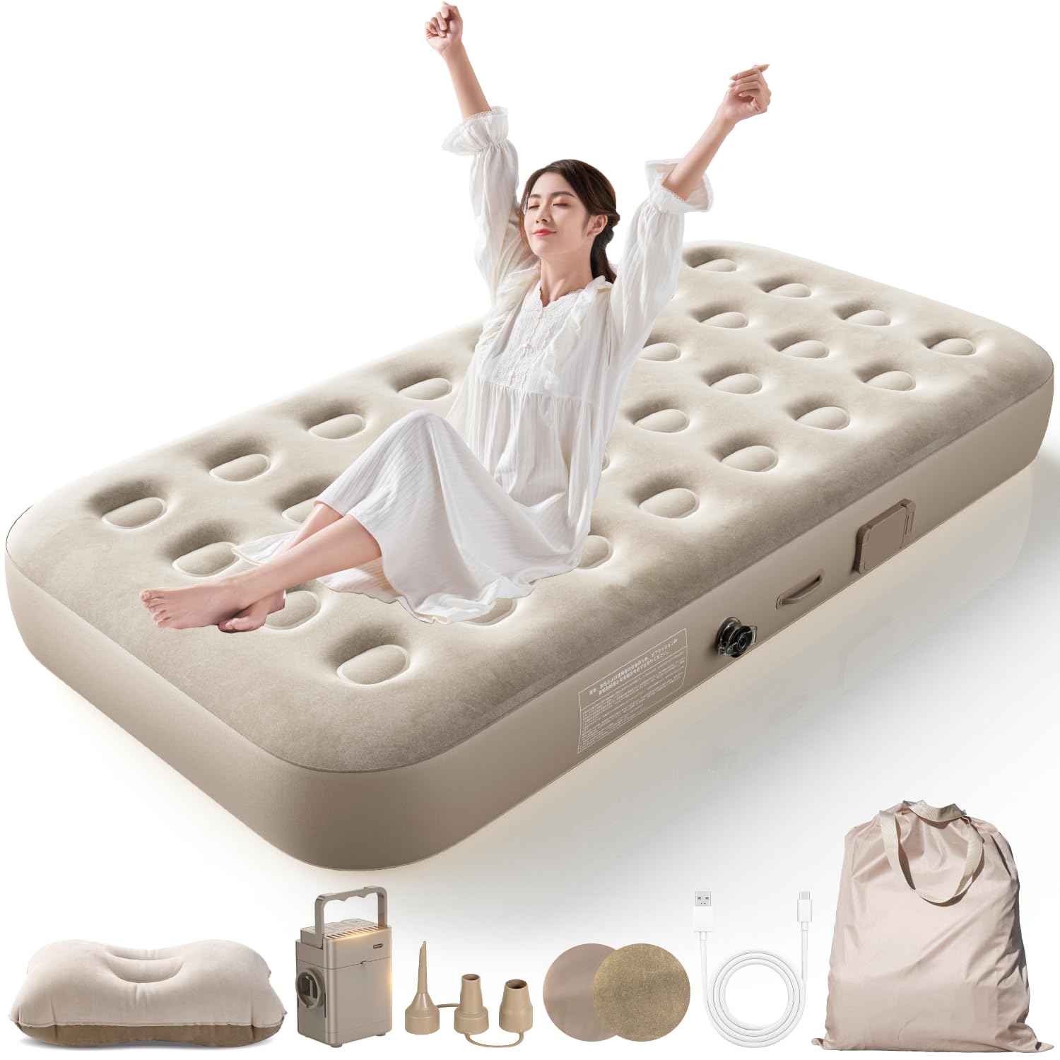 エアーベッド 花見 キャンプ マット キャンプ用品 エアーマット 電動ポンプ付き シングル 190×100×25cm 折り畳み式 災害 登山テント用 | 寝袋 自動膨張 ワンタッチで空気抜け Type-C充電式 取り外し可能 エアーマットレス 簡易ベ