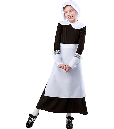 Forum Novelties Pilgrim Girl Costume - Child's Medium, Black & White Dress With Bonnet, Thanksgiving Play Outfit