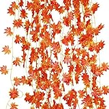 LJY 12 Pieces Artificial Red Maple Vine Fall Colored Leaves Garland Rattan for Wedding Party Garden 