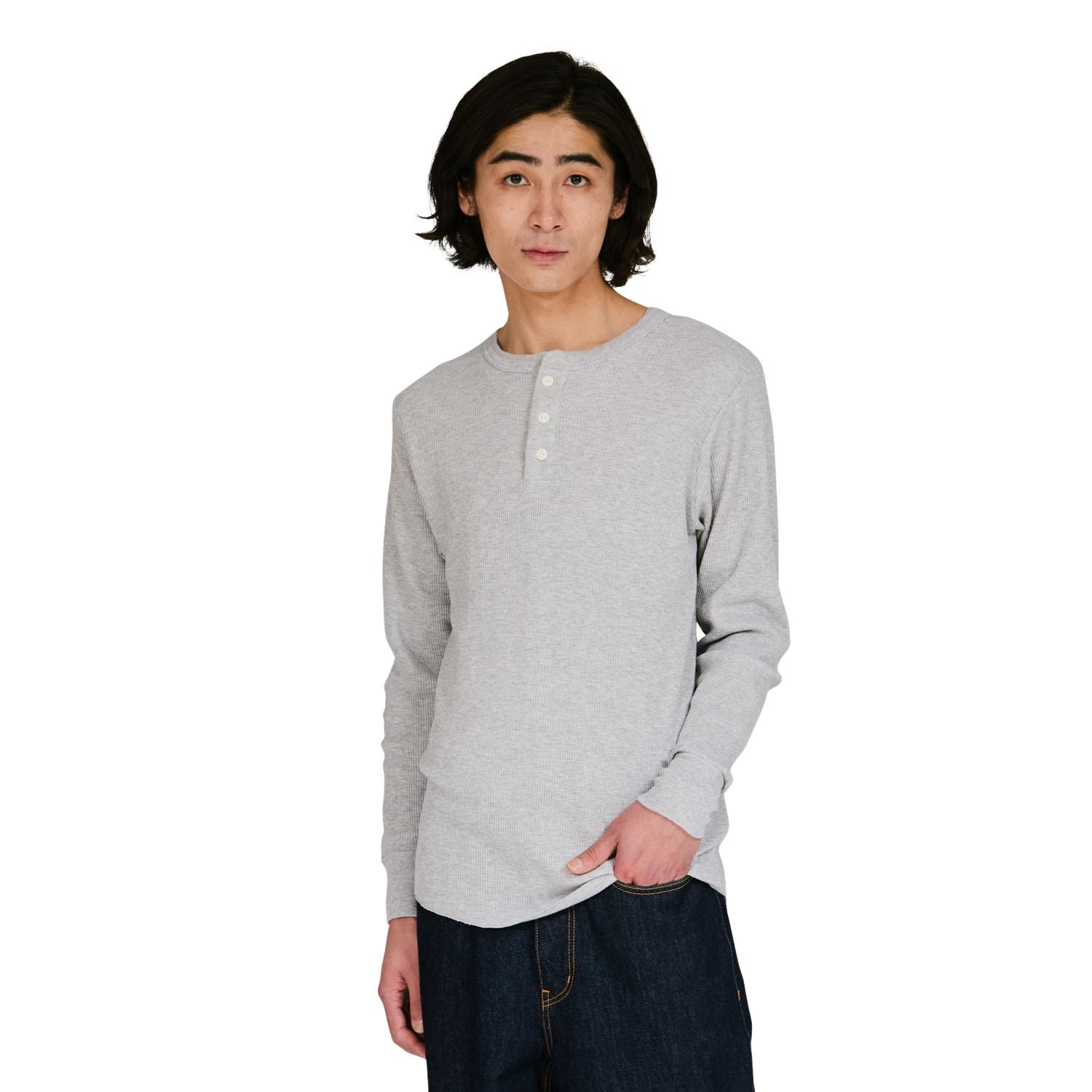 【スマイルSale】【48%OFF】【1,479円】 Hanes メンズ 柔らかい綿混素材 ワッフル編み サーマル ヘンリーネック ロングスリーブTシャツ