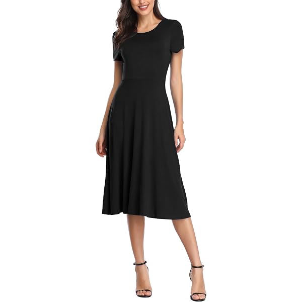 Necooer Women's Casual Pleated Midi Dress - Loose Fit, Short Sleeve, V-Neck (Black, Small)