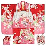 七五三　着物　3歳　女の子被布セット　天使ブランド　赤地色　被布ピンク白染め分け　桜柄　刺繍半衿に足袋付きセット