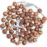 JIAHATE 木製十字架ネックレス 男の子用 メンズ用 カトリックのロザリオビーズネックレス ハンドメイド 木製クロスペンダント ネックレス ジュエリー
