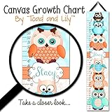 Personalized Kidsキャンバス成長チャートオレンジとターコイズStacked Up Owl Friends Baby NurseryキャンバスGrowth Chart gc0151