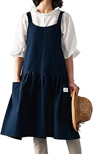 Amazon Icayre ワンピース型エプロン シャレ かわいい リネン コットン 肩掛け ポケット付き 動きやすい 柔らか ロング丈 着脱簡単 おしり隠れる しわになりにくい 汚れにくい 大人 カフェ 喫茶店 ケーキ屋 エプロン オンライン通販